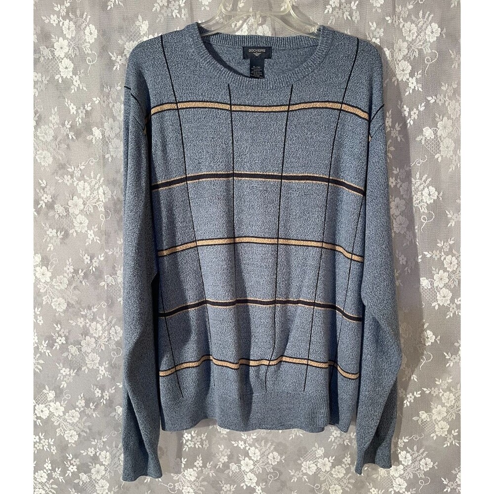 Vintage Dockers Mens XL Blue Plaid Grid Crewneck Sweater 100% Acrylic Preppy